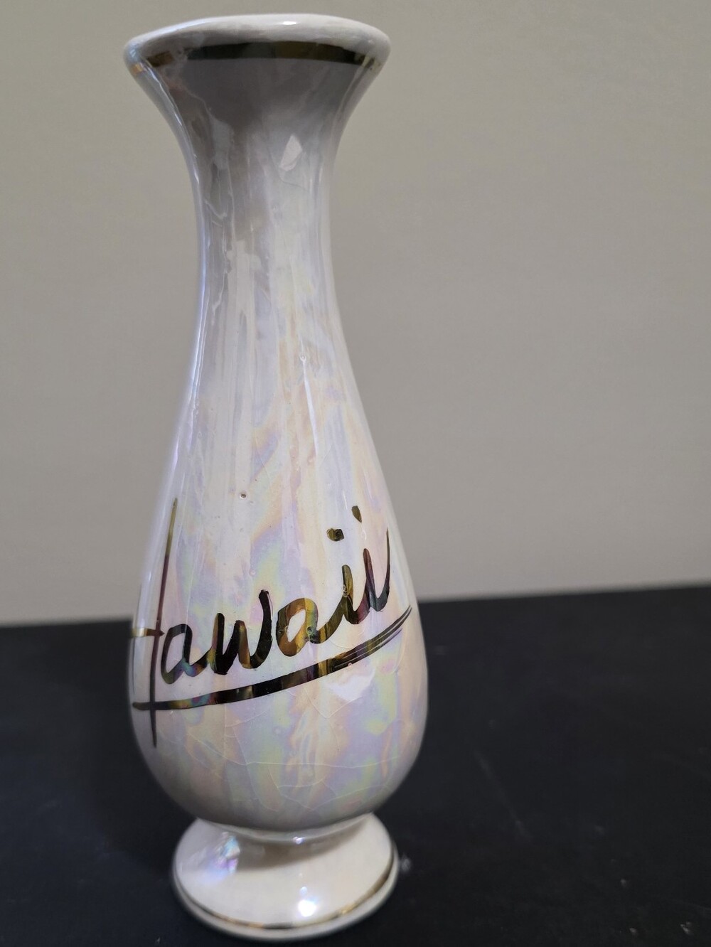Iridescent Ceramic Bud Vase with Gold Hawaii Script